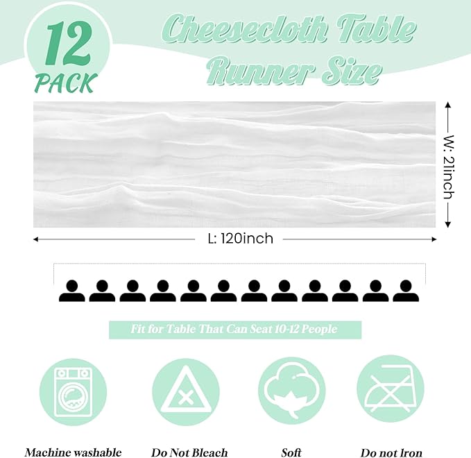 12 Pack White Table Runner 10FT Cheesecloth Table Runner 21 x 120 inch Boho Gauze Cheese Cloth Table Runners Rustic Sheer Table Runners for Party Wedding Bridal Baby Shower Christmas Table Decor