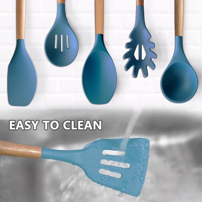 Silicone Cooking Utensils Set 6Pcs Heat Resistant Silicone Kitchen Utensils Set for Cooking Spatula Spoon Turner Ladle w Wooden Handle, BPA FREE Kitchen Gadgets for Nonstick Cookware & Baking