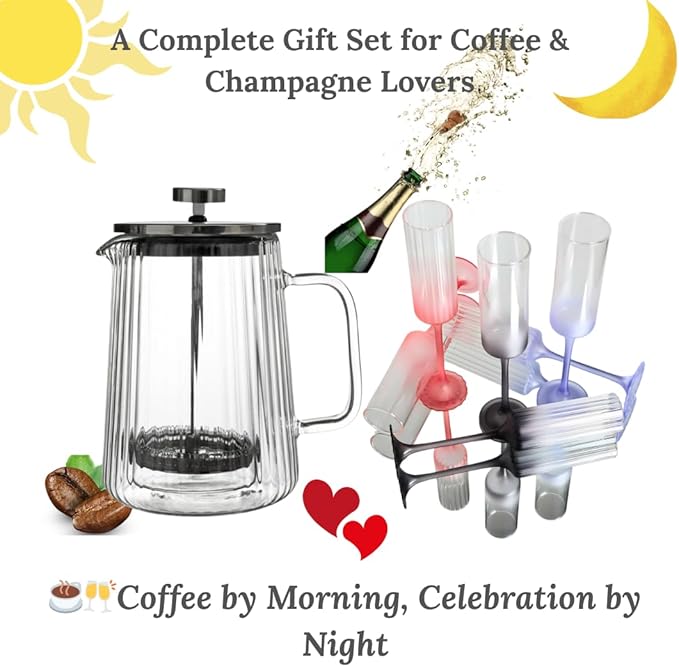 Coffee & Cheers Gift Bundle – Elegant French Press with Hand -Blown Champagne Flutes