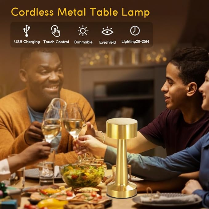 Portable LED Table Lamp, 3-Levels Brightness Metal Desk Lamp,3 Color Touch Control Rechargeable Lamp, Ideal Bedside Lamp for Nightstand,Bedroom, Living Room (Gold)