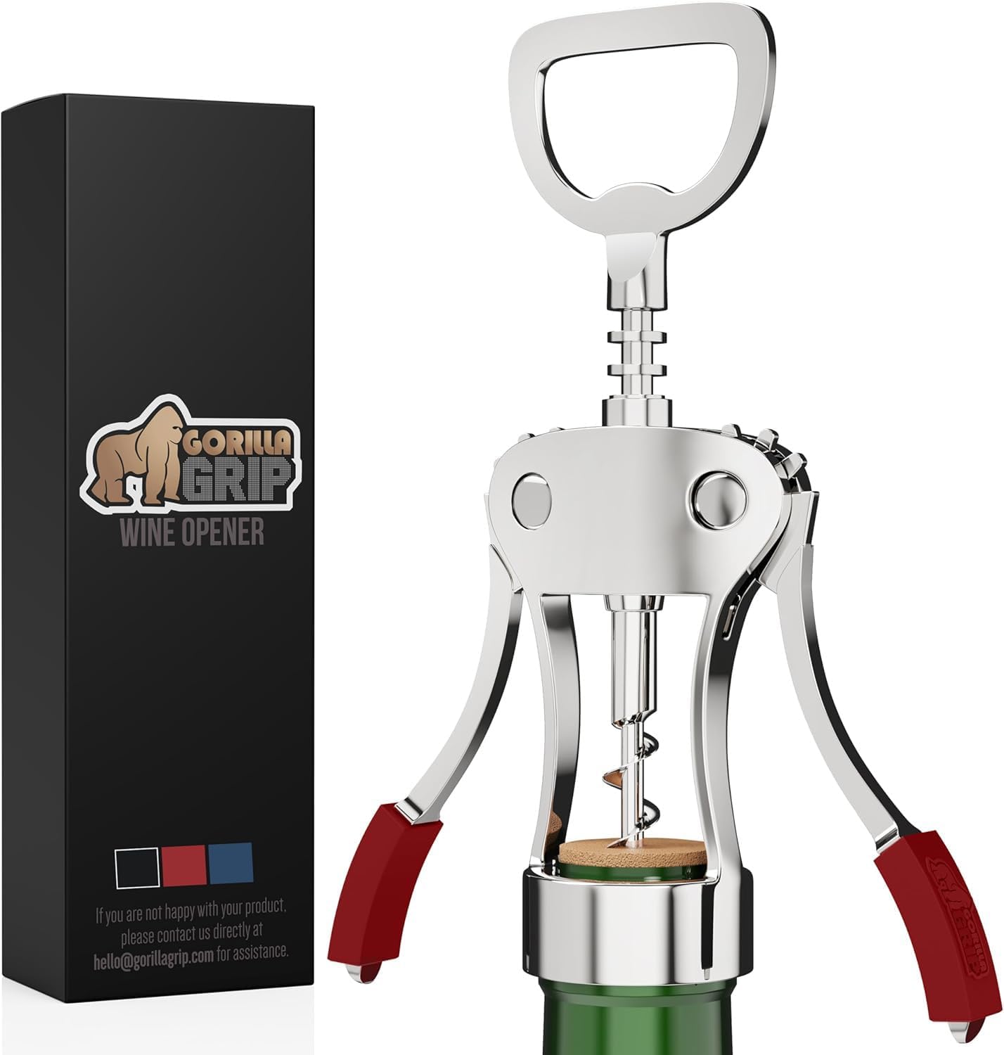 GORILLA GRIP BPA-Free Sharp Wine Opener, Heavy Duty Zinc Alloy Wing Corkscrew, Multifunctional Bottle Opener, Remove Corks or Cap, Easy to Use Bar Cork Screw, Dishwasher Safe Kitchen Essentials, Red