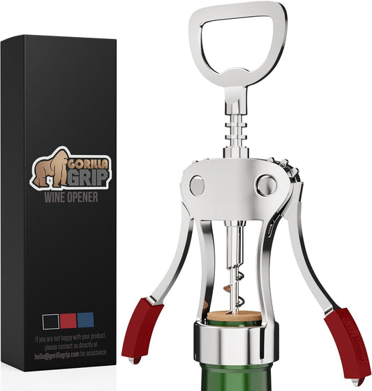 GORILLA GRIP BPA-Free Sharp Wine Opener, Heavy Duty Zinc Alloy Wing Corkscrew, Multifunctional Bottle Opener, Remove Corks or Cap, Easy to Use Bar Cork Screw, Dishwasher Safe Kitchen Essentials, Red