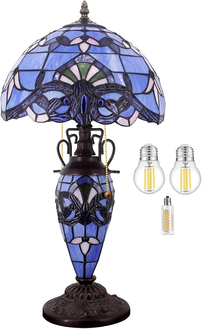 WERFACTORY Tiffany Style Table Lamp Lavender Blue Purple Baroque Stained Glass 12X12X22 Inches Mother-Daughter Vase Desk Light Decor Bedroom Living Room Home Office S003C Series