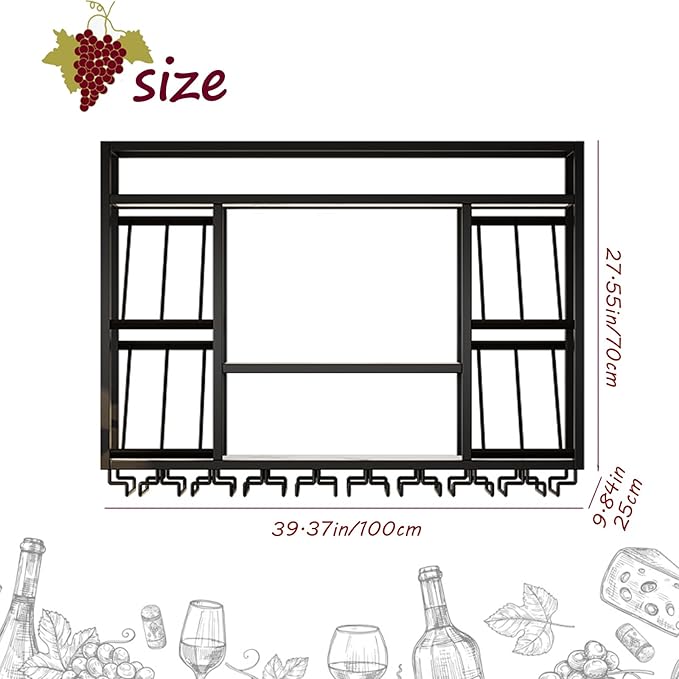 Wall Mounted Wine Racks with Glass Holder, 3 Tier Wine Storage Display Rack, Floating Rustic Metal Bar Liquor Shelves, for Home Bar, Wine Kitchen Storage (Black, 39.37x27.55x9.8in)