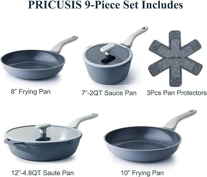 PRICUSIS Ceramic Pots and Pans Set Nonstick, 9Pcs Nontoxic Induction Cookware Set, Dishwasher Safe, Stay Cool Handle, PTFE PFOA & PFAS Free, Gray
