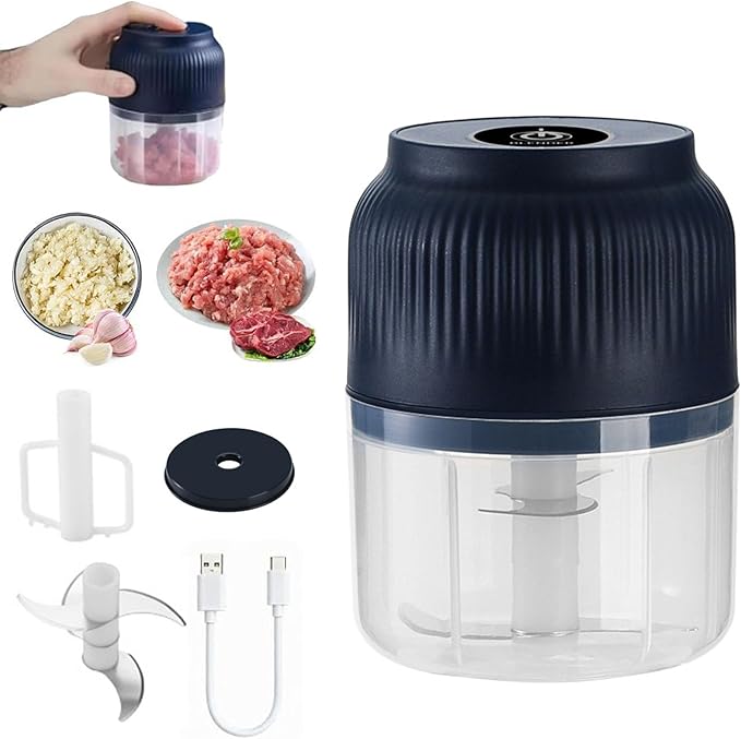 Electric Garlic Chopper, Mini Portable Veggie Cutter, 300ml Cordless Garlic Grinder Onion Masher, Portable Vegetable Cutter for Garlic, Onions, Herbs, Spices & Baby Food (Blue, 4 Blade+Egg Beater)