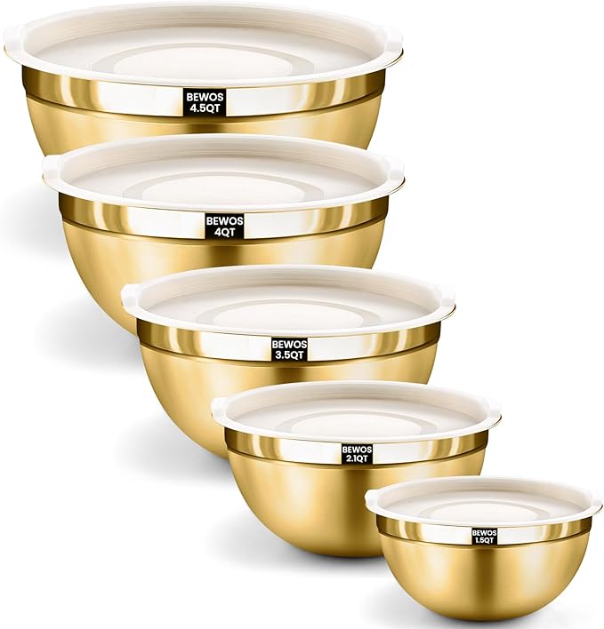 BEWOS 5PCS Mixing Bowls with Lids Set - 5 Stainless Steel Mixing Bowls, Dishwasher Safe, Ideal for Baking & Meal Prep, Stackable Design for Easy Storage