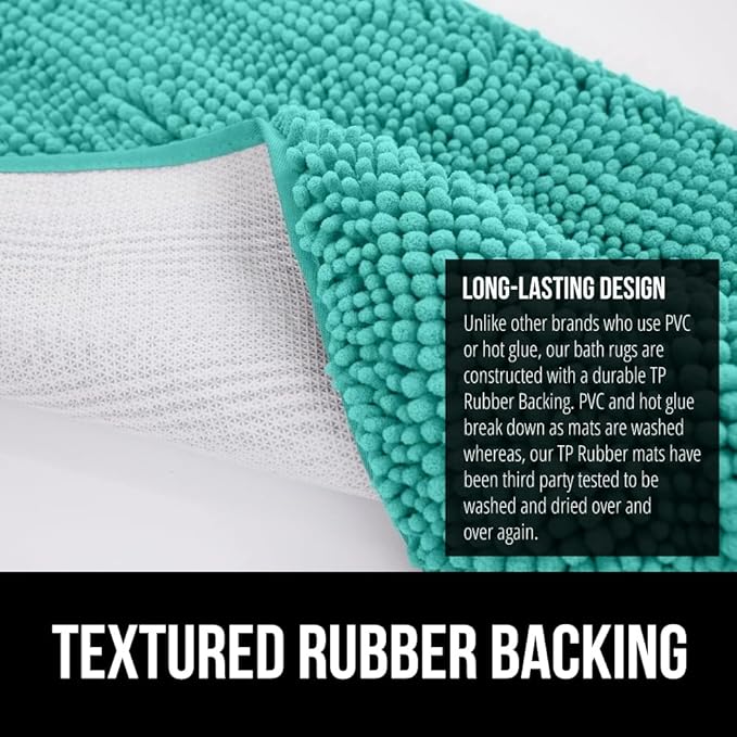 GORILLA GRIP Plush Absorbent Shaggy Chenille Bath Rug Mat for Square Toilet Base with Rubber Backing, Machine Washable Rugs, Soft Microfiber Contour Mats for Toilets, Bathroom Decor, Turquoise