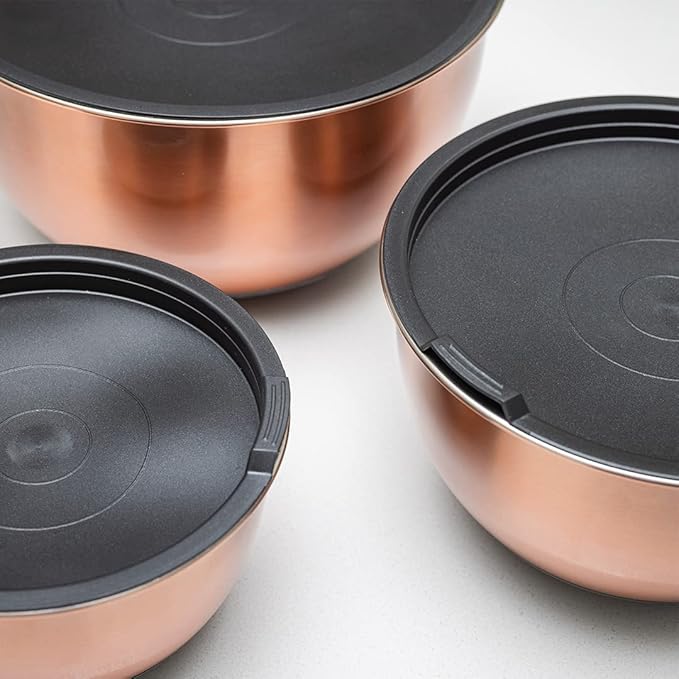 Samma Copper Mixing Bowls Set with Stainless Steel Body with Black Silicone Bottom Mixing Bowl- Versatile Kitchen Mixing Bowls- 3 Piece with Lids