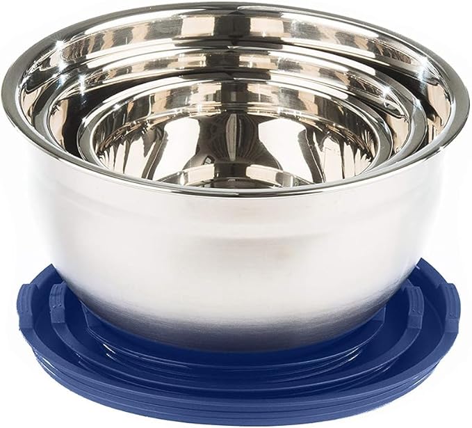 Stainless Steel Mixing Bowls with Lids and Non Slip Bases (Set of 3, Blue)
