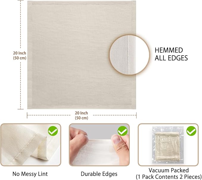Olicity Cheesecloth, Grade 100, 20x20Inch Hemmed Cheese Cloths Reusable, 100% Unbleached Strainer Muslin Cloth for Cooking, Straining, Jelly Making - 2 Pieces