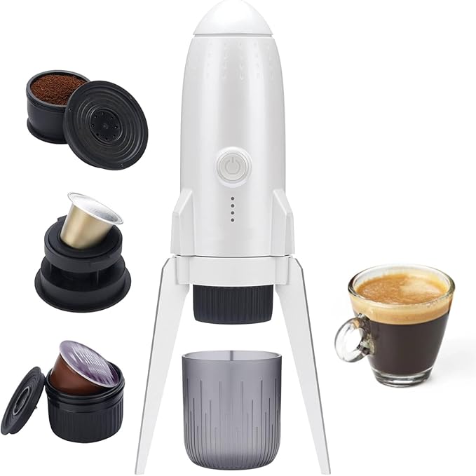 Portable Electric Espresso Machine Travel Coffee Maker for Camping 3 in 1 Self-Heating for Ground Coffee & DG NS Capsule Pods For Travel Camping and Hiking (Bright White)