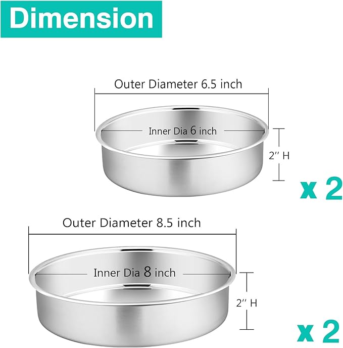P&P CHEF Cake Pans Sets for Baking, 6" + 6" + 8" + 8" 4 Piece Stainless Steel Round Cake Pans Tin, Oven/Pot/Dishwasher Safe, Combination of Different Sizes, Leak-proof & Easy Clean