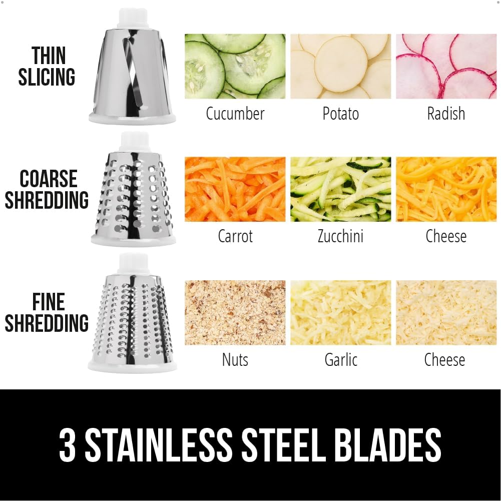 GORILLA GRIP BPA-Free Rotary Cheese Grater Hand Crank, Easy to Set Up, Strong Suction Base for Kitchen Countertop, Shred Potato, Vegetable, Nuts in Seconds, Round Mandoline Slicer, 3 Blades, Gray