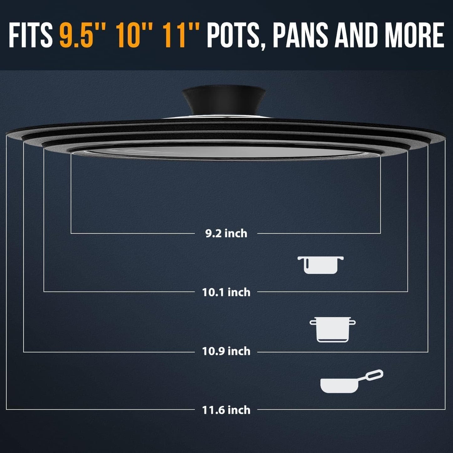 Walfos Universal Lid for 9.5", 10.5" and 11" Diameter Cookware, Fits Pots, Pans and Skillets - Walfos Tempered Glass Pan Lid with Heat Resistant Silicone Rim, BPA Free Pot Lids, Dishwasher-Safe, Black