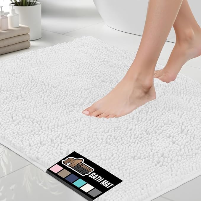 GORILLA GRIP Bath Rug Mat 44x26, Thick Soft Absorbent Chenille, Quick Dry Microfiber Mats, Rubber Backing Washable Shower Floor Rugs, Bathmat Runner, US Designed Bathroom Home Decor Accessories White