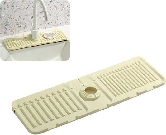 Faucet Mat for Kitchen Sink - 2024 Upgraded Premium Silicone Splash Guard with Fast Drying Properties - Protective Sink Tray Ideal for Stone Sinks in Kitchen & Bathroom (1, Beige)
