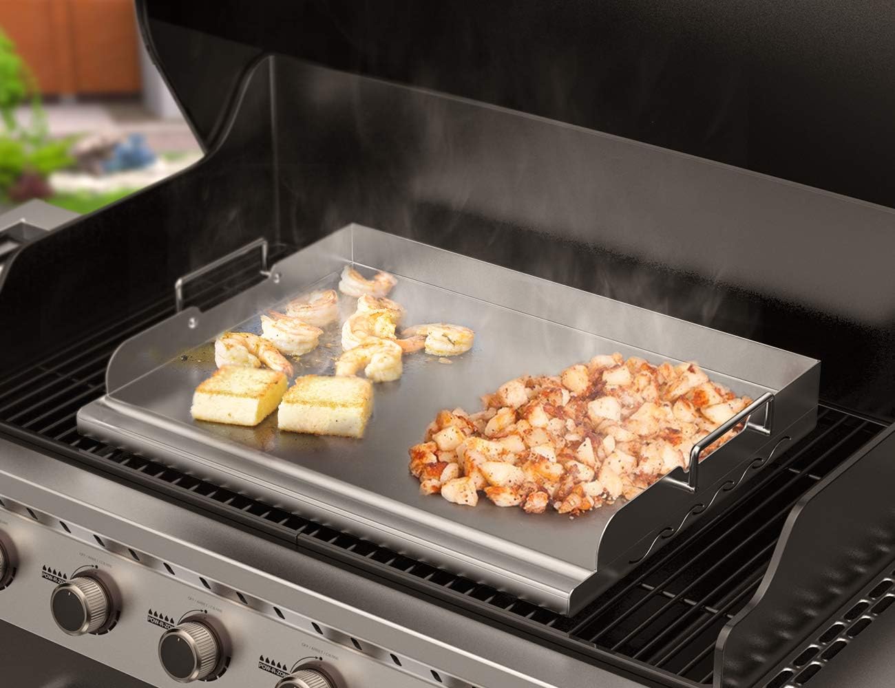 Skyflame Universal Stainless Steel Griddle Flat Top Plate with Even Heating Bracing for BBQ Charcoal/Gas Grills, Camping, Tailgating, and Parties 17" x 13"