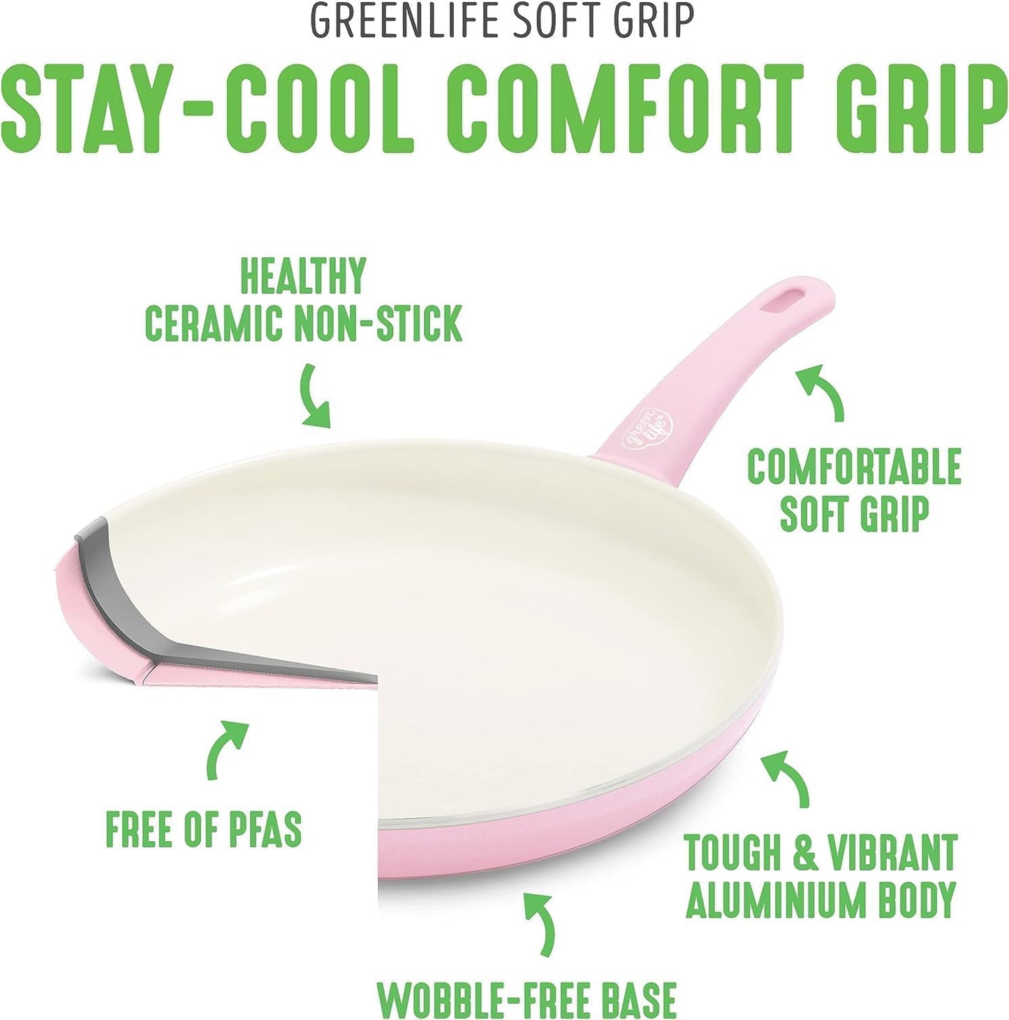 GreenLife 16 Piece Nonstick Cookware Set, Soft Grip Non-Toxic PFAS-Free Ceramic Pots & Pans, Dishwasher & Oven Safe, Frying, Sauce, Saute, Utensils, Glass Lids, Stay-Cool Handles, Wobble Free, Pink
