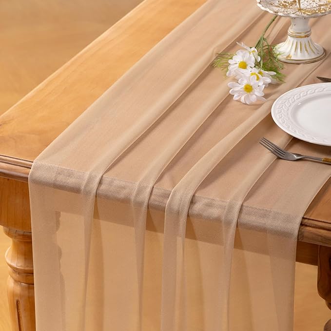 Socomi 4pcs Nude Gauze Table Runner Bulk 10ft Chiffon Like Wedding Table Runner for Bridal Shower Decorations Baby Shower