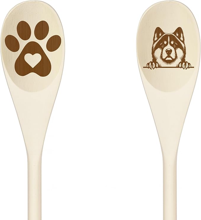 Decorative Wooden Spoons with Peeking Dog Designs, Paw Print and Dog Head, Kitchen Utensils Set of 2 (AMERICAN AKITA)