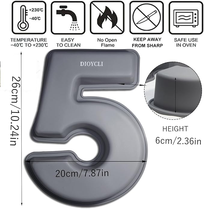 Dioycli Large Number Cake Pans for Baking 3D Cake Silicone Cake Mold DIY Personalized Cake Pan for Birthday and Wedding Anniversary Number 5 Cake Pan of 10 Inch