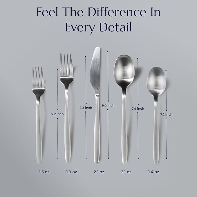 JazzUpCo Tia Flatware non toxic 18/10 stainless steel dishwasher safe (Matte Silver, 8 Person Set (40 Pieces))