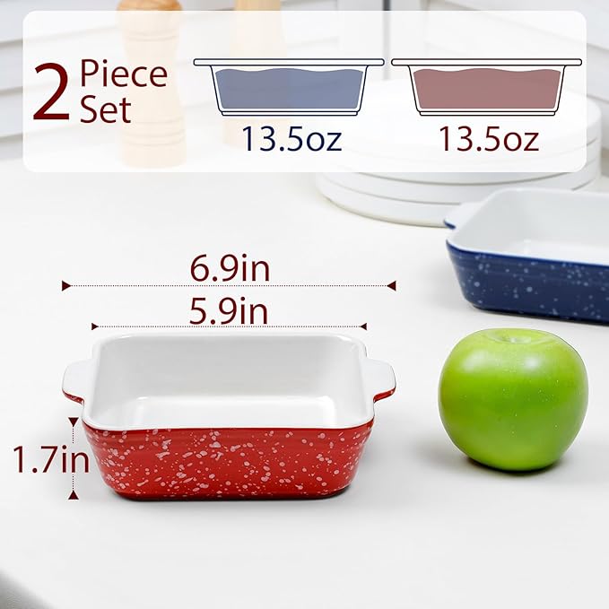 NUTRIUPS 13oz 5.9x5.9in Square Ceramic Baking Dish Set, 2-Pack Small Oven-Safe Baking Pan for Lasagna, Casserole - Bakeware for Baking & Serving (Red&Blue)