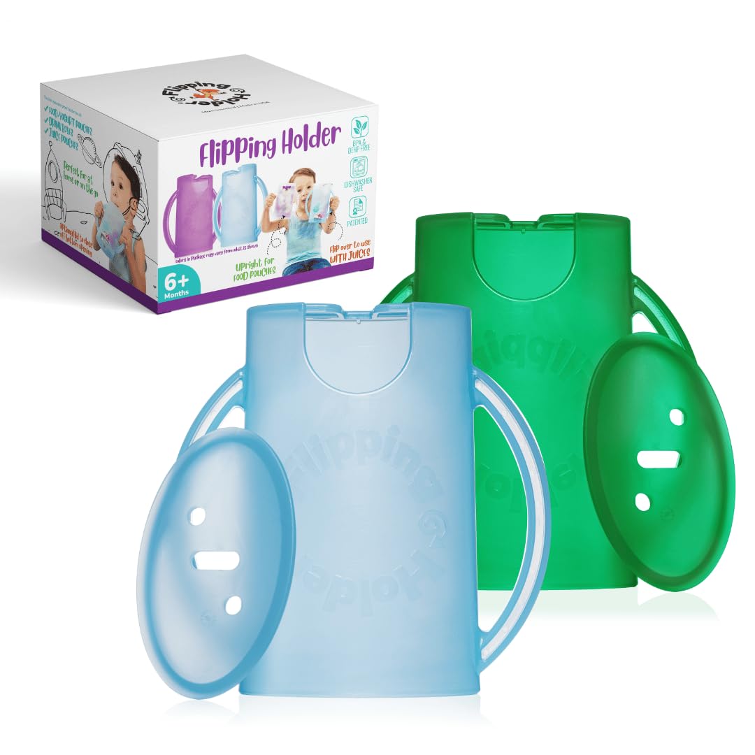 Squeeze Proof Food Pouch Holder for Toddlers, Babies, Kids, Mess Free No Squeeze Juice Box Drink and Applesauce Snack Holder with Easy Grip Handles and Lid