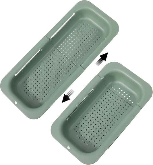 Collapsible Sink Colanders and Strainers Basket Extendable Plastic Fruit Vegetable Strainer Drainer Basket for Kitchen (Length 13.6 inch-18.7 inch) (Apple Green)