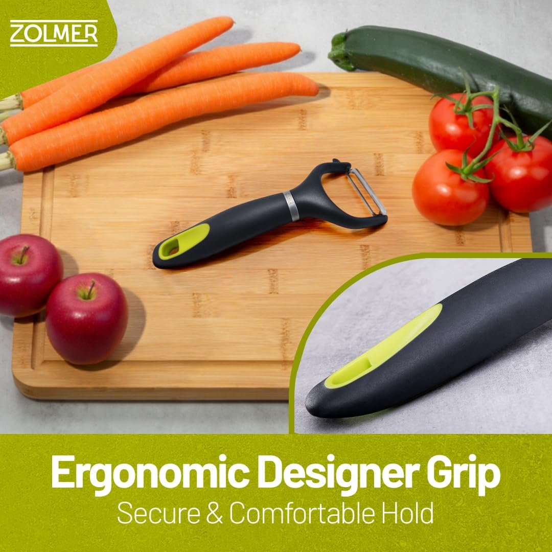 ZOLMER® Premium Y Peelers for kitchen with Smooth and Serrated Blades 2 Set - Extra Sharp Vegetable Peelers with Ergonomic Handle - Dishwasher Safe - Potato peelers, Fruit peeler and more