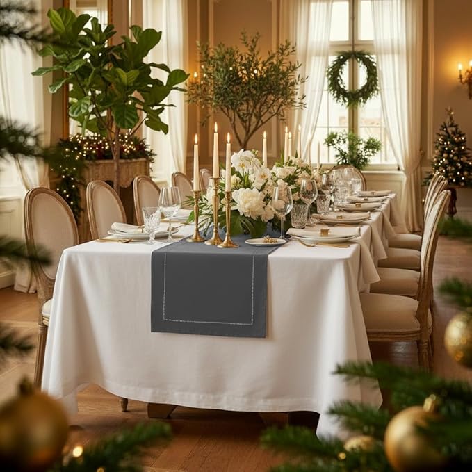 D'Moksha Homes Linen Charcoal Grey Table Runner 108 Inches Long - 100% Pure Linen 14 x 108 Inch Table Runner for Winter, Christmas, Holiday, New Year - Classic Hemstitch