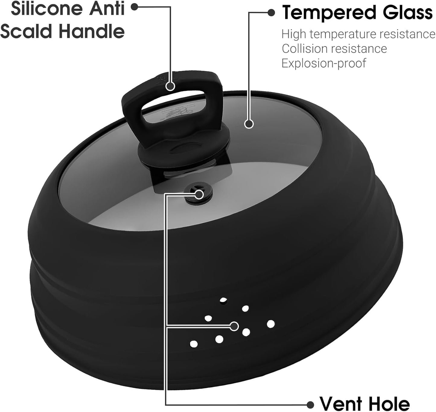 Microwave Splatter Cover Collapsible Silicone & Tempered Glass 11.8 Inch Microwave Cover for Food Splatter Guard with Steam Vents Dishwasher Safe Fits Bowls, Plates & Pots (Black)