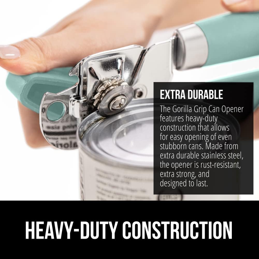 GORILLA GRIP Heavy Duty Stainless Steel Smooth Edge Manual Can Opener and Bottle Openers, Soft Comfortable Handle, Oversized Handheld Turn Knob, US Designed Multifunctional Kitchen Tool, Mint