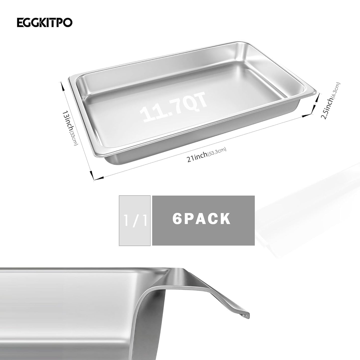 Full Size Steam Table Pans 6-Pack 2.5 Inch Restaurant Stainless Steel Pan Commercial Catering Food Pan for Commercial Kitchen Supplies