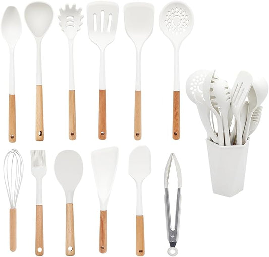 Silicone Kitchen Utensils Set, 12 Pieces Kitchen Utensils Set, Anti-Stick Heat Resistant Wooden Handle Cooking Utensils with Dish Holder, Silicone Spatula Tableware Set, Dishwasher Safe. Beige