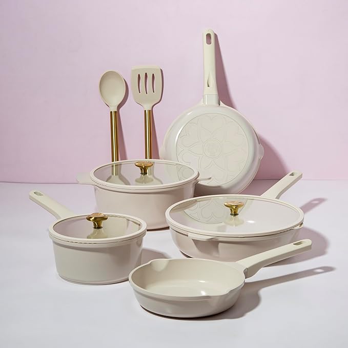 Paris Hilton Ceramic Nonstick Cookware Set, Cast Aluminum with Dual Layer Nonstick Coating, Gold Heart Knobs, Stay-Cool Handles, Made without PFAS, PFOA, PFOS & PTFE, Dishwasher Safe, 10-Piece, Cream