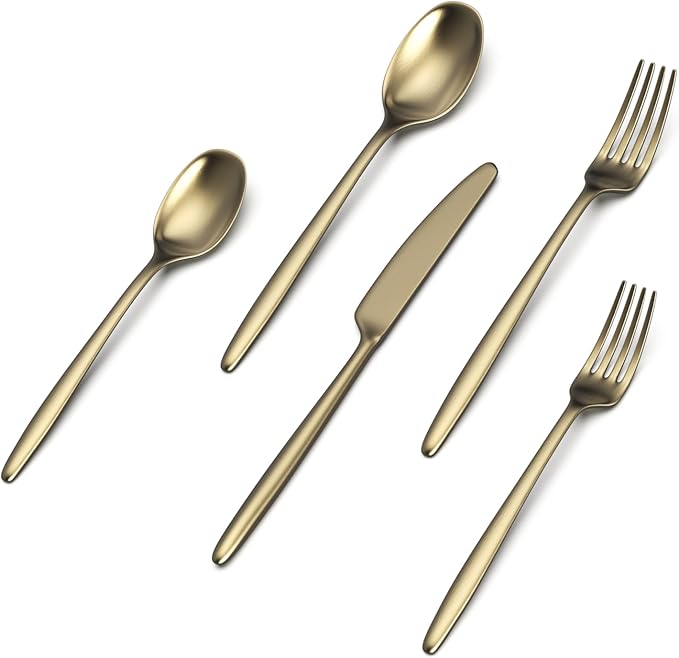 JazzUpCo Ava Flatware Flatware non toxic 18/10 stainless steel dishwasher safe (Matte Champagne Gold, 16 Person Set (80 Pieces))