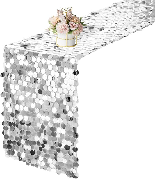 12 x 108 Inch Silver Sequin Table Runner Glitter Rectangle Big Sequin Table Runner for Wedding Party Birthday Christmas Halloween Decoration (1 Pack)