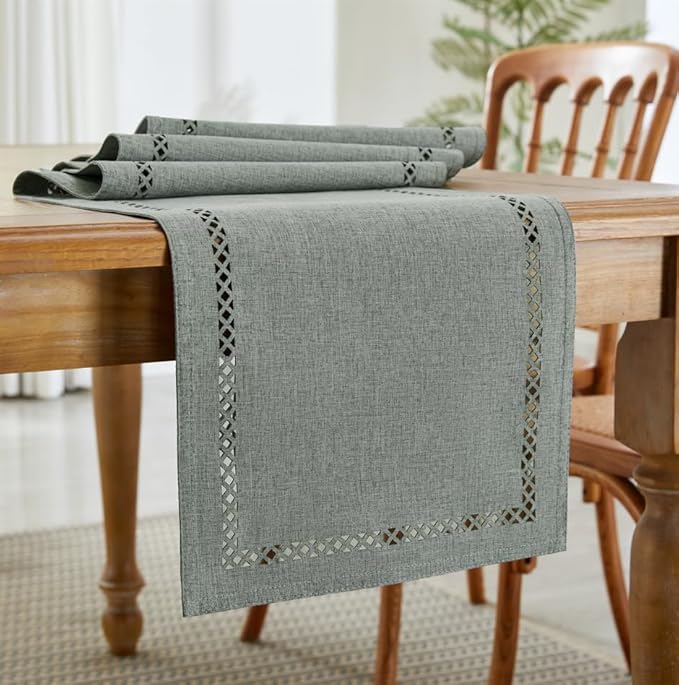Burlap Style Farmhouse Table Runner, 13 x 60 Inch Grey, Rustic Geometric Hollow Table Runners 60 Inches Long for Dresser Table Everyday Use, 13x60 Inches, Grey