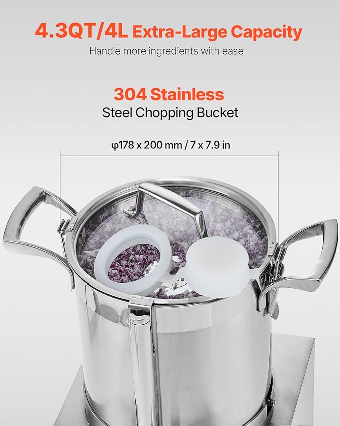 VEVOR Food Processor & Vegetable Chopper, 4.3 Quart Food-Grade Stainless Steel Food Processor Chopper with 2 Extra S-Curve Blades, Ideal for Chopping Vegetables, Fruit, Grains, Nuts