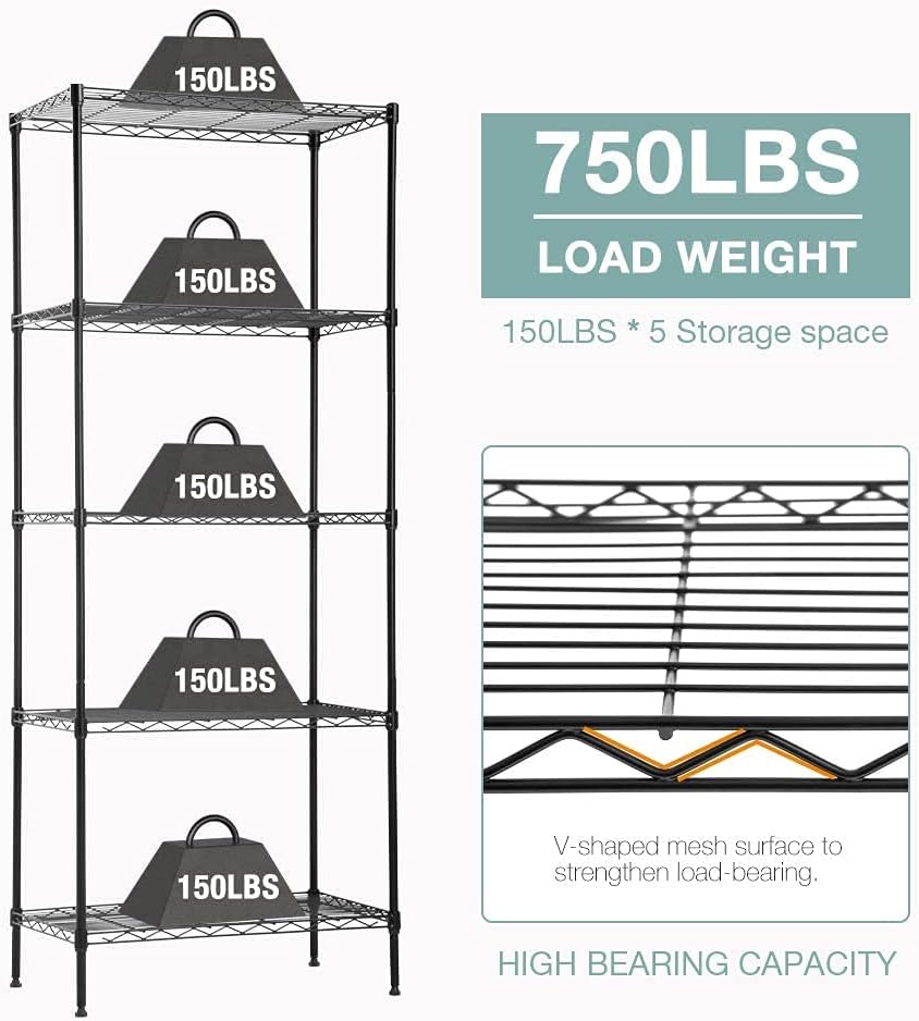 FDW 14Dx24Wx60H Wire Rack 5 Shelf Storage Unit Wire Shelving Unit Metal Shelf Organizer Heavy Duty Certification Commercial Grade Rack Utility for Bathroom Office Kitchen (Black)