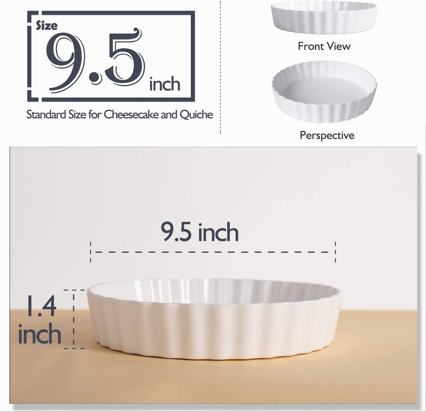DELLING Set of 2 Tart Pans, 9.5 inch Quiche Pan, Ceramic Fluted Quiche Baking Dish/Pie Pan, Perfect for Baking Tart Pies and Chicken Pot Pie, Cheesecake, Creme Brulee, Round, White