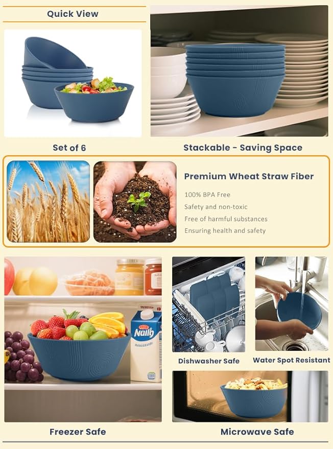 Homienly Wheat Straw Bowls, Unbreakable Soup Bowls Set of 6, Alternatives Plastic Bowls Microwave Safe, Dishwasher Safe Stackable 36oz Large Cereal Bowl for Kitchen, Camping, Serving (Navy Blue)