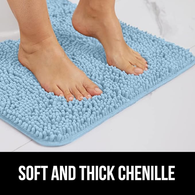 GORILLA GRIP Bath Rug Mat 30x20, Thick Soft Absorbent Chenille, Quick Dry Microfiber Mats, Rubber Backing Washable Shower Floor Rugs, US Designed Bathroom Bathmat Home Decor Accessories, Sky Blue
