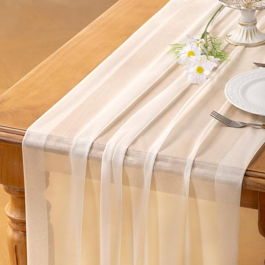 Socomi Cream White Gauze Table Runner Chiffon Like Wedding Table Runner 120 inches Long Boho Rustic for Bridal Shower Decorations Baby Shower