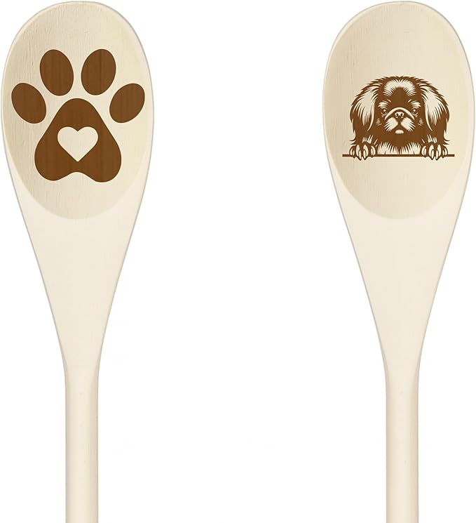 Decorative Wooden Spoons with Peeking Dog Designs, Paw Print and Dog Head, Kitchen Utensils Set of 2 (PEKINGESE)