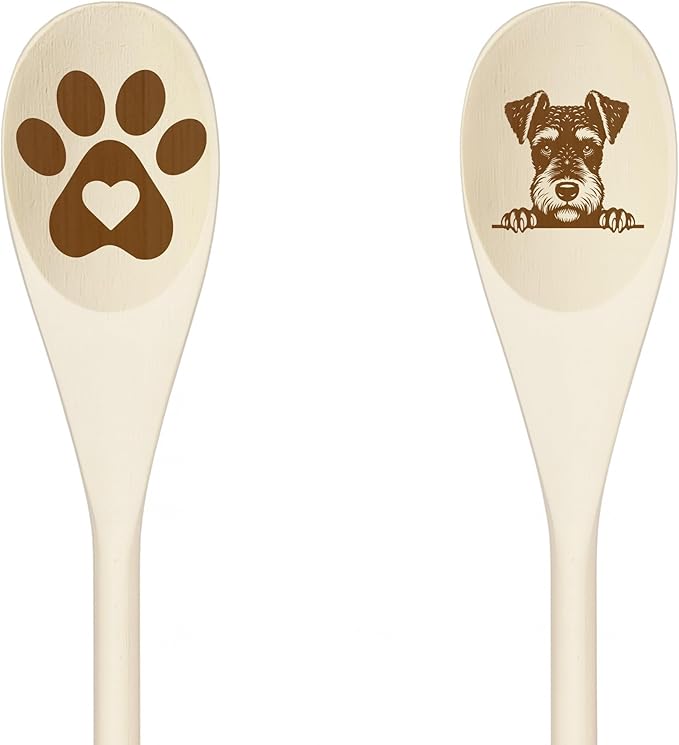 Decorative Wooden Spoons with Peeking Dog Designs, Paw Print and Dog Head, Kitchen Utensils Set of 2 (LAKELAND TERRIER)