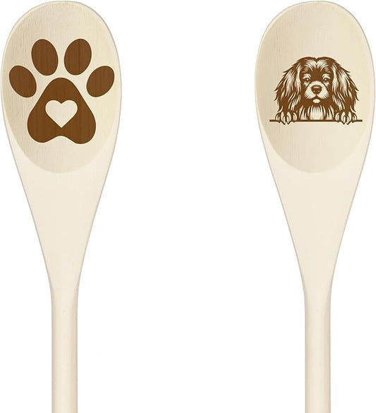 Decorative Wooden Spoons with Peeking Dog Designs, Paw Print and Dog Head, Kitchen Utensils Set of 2 (TIBETAN SPANIEL)