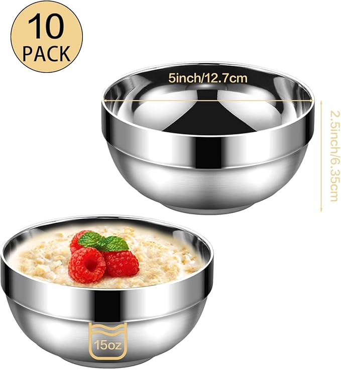Stainless Steel Bowls, 10 Pack 15 Oz Stainless Bowl Stackable Mixing Bowls Stainless Steel Mixing Bowls, Double Wall Kitchen Bowl Set For Sauces, Rice, Noodle, Ice Cream